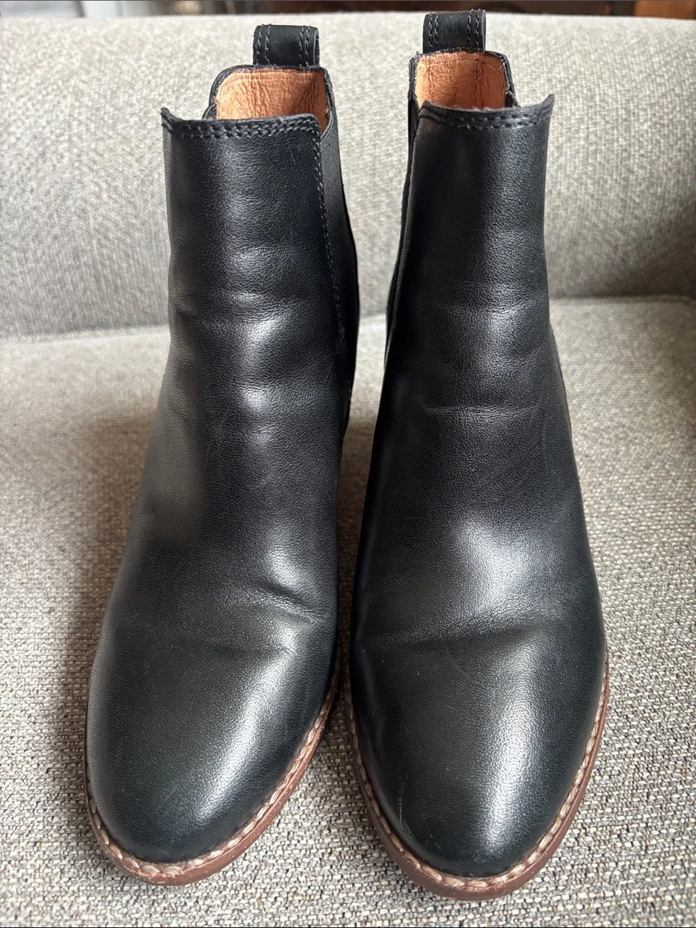 Madewell Black Leather Chelsea Ankle Boots with Brown Heel